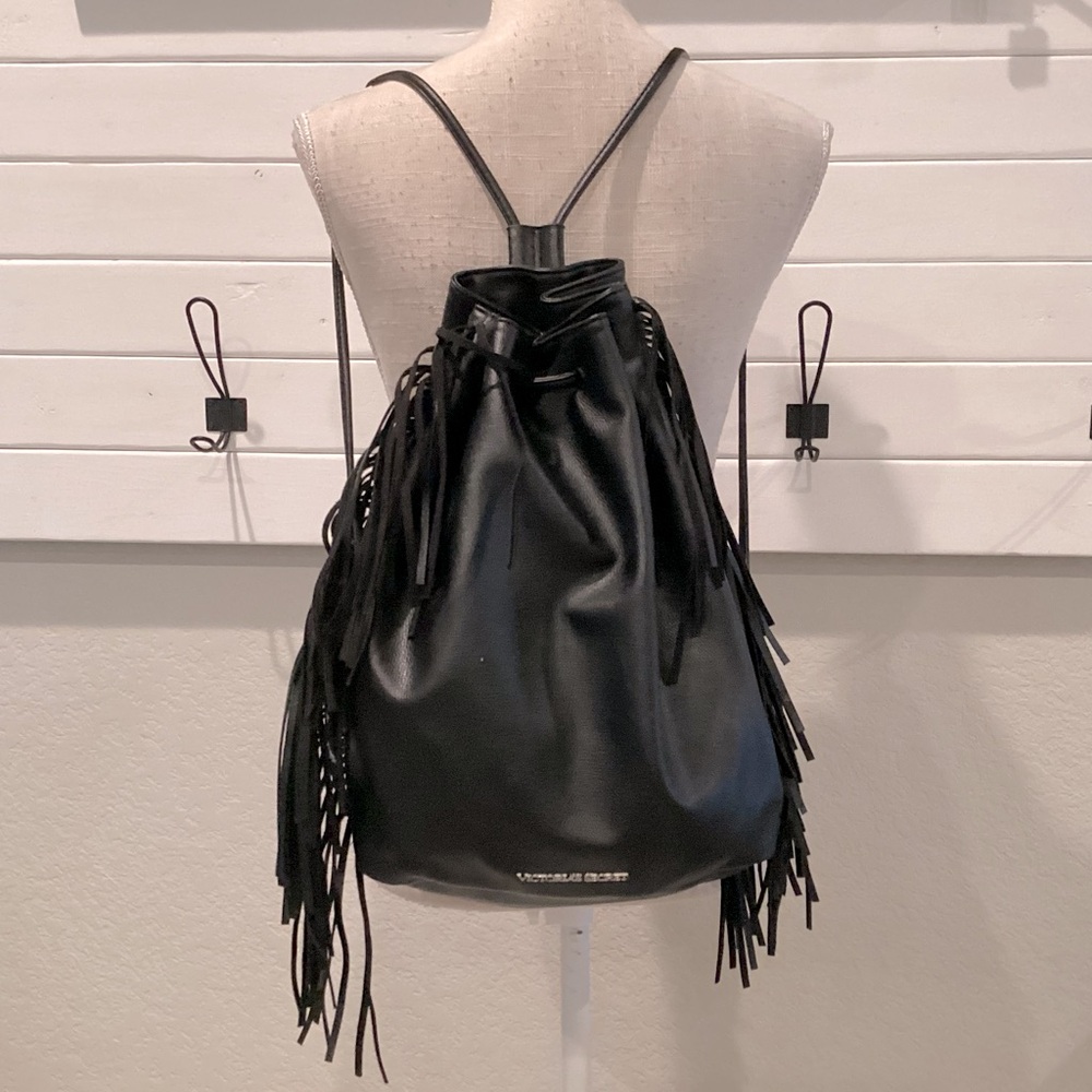VICTORIA’S SECRET Black Vegan Tasseled Drawstring Backpack Bag Carryall Travel